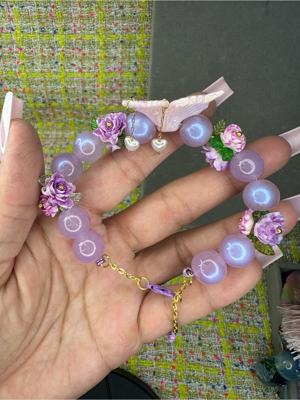 Purple Butterfly, acrylic flower with Coral Beaded Bracelet